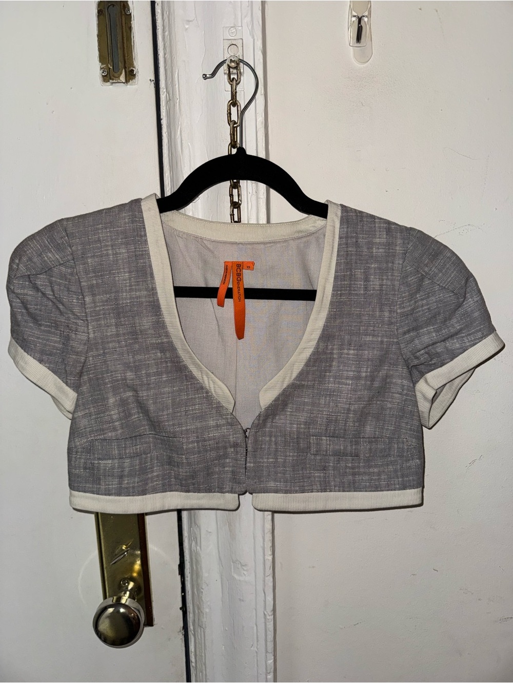 BCBGeneration Heather Gray Cropped Bolero with Cream Trim